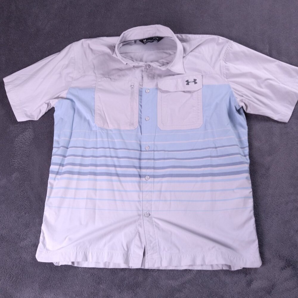 Under Armour Men`s Gray/Blue Short Sleeve Button Up Heat Gear Shirt / Size L